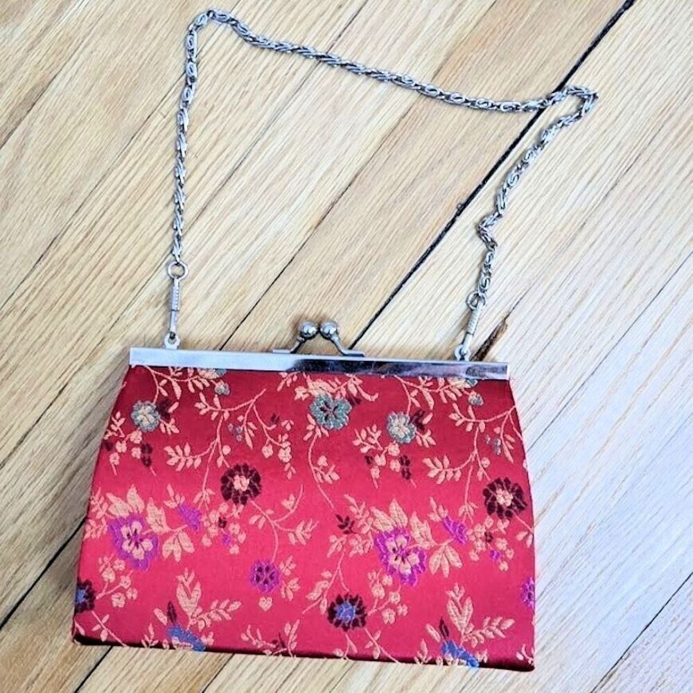 Vintage 90s Satin Evening Bag Red Floral Embroidery Chain Strap Asian